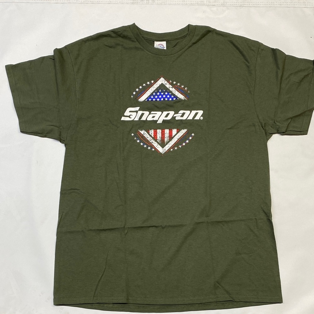 Snap on Short-Sleeve Olive Green Logo Tee with American Flag Graphic